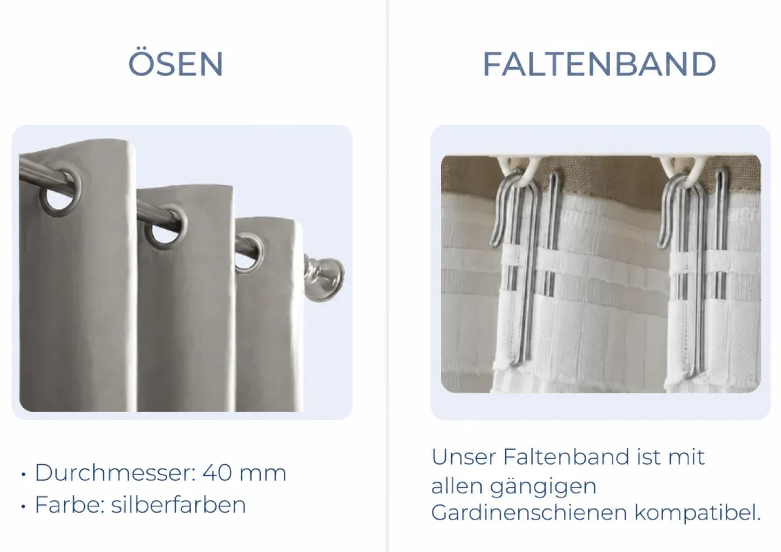 Übersicht der Aufhängungsarten: Ösen und Faltenbänder