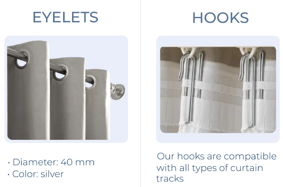 Attachment types: eyelets and hooks