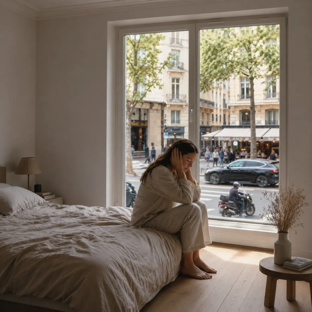 Chambre sans rideau phonique : femme gênée par le bruit de la rue passante
