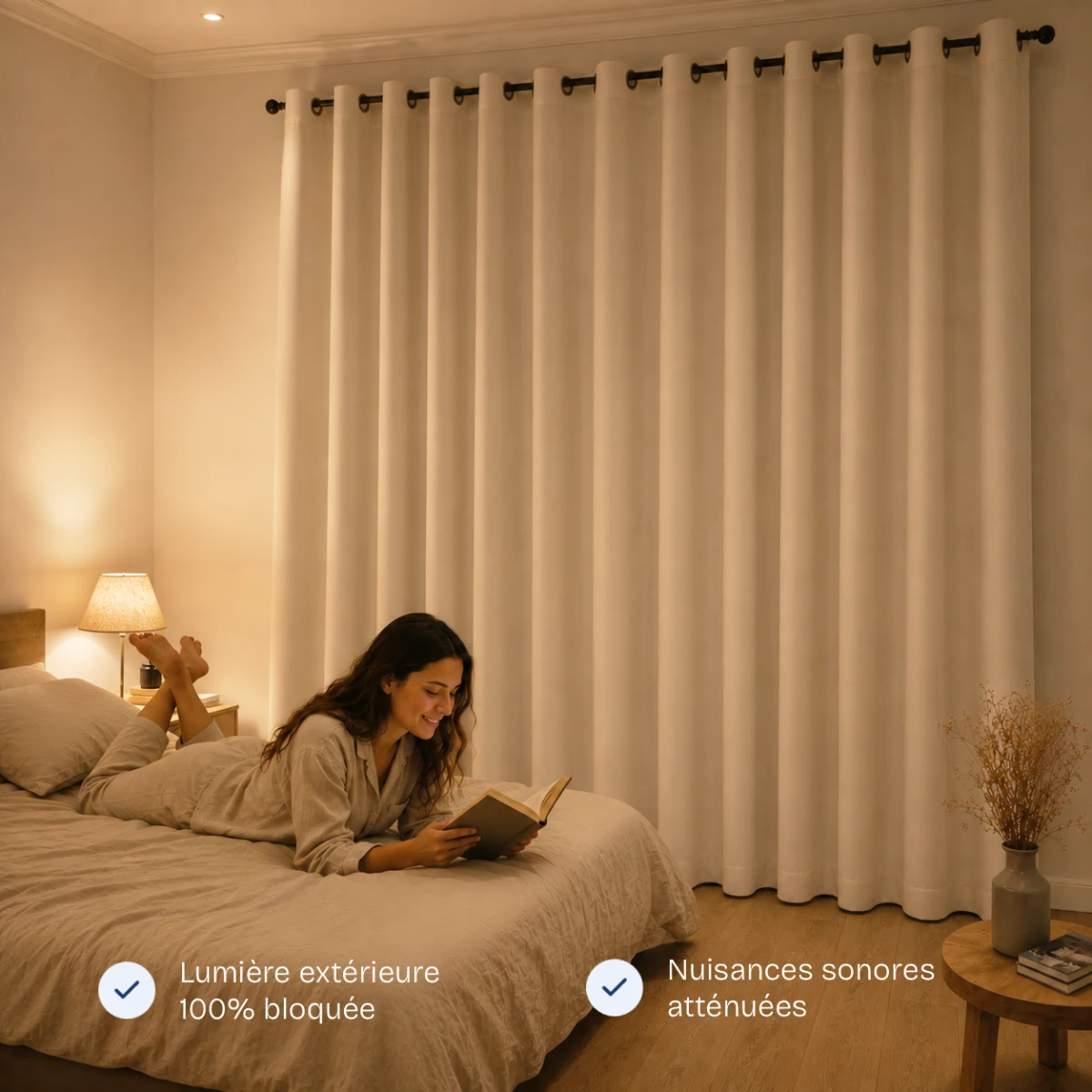 Chambre silencieuse et tamisée, rideau anti-bruit Sound Escape fermé