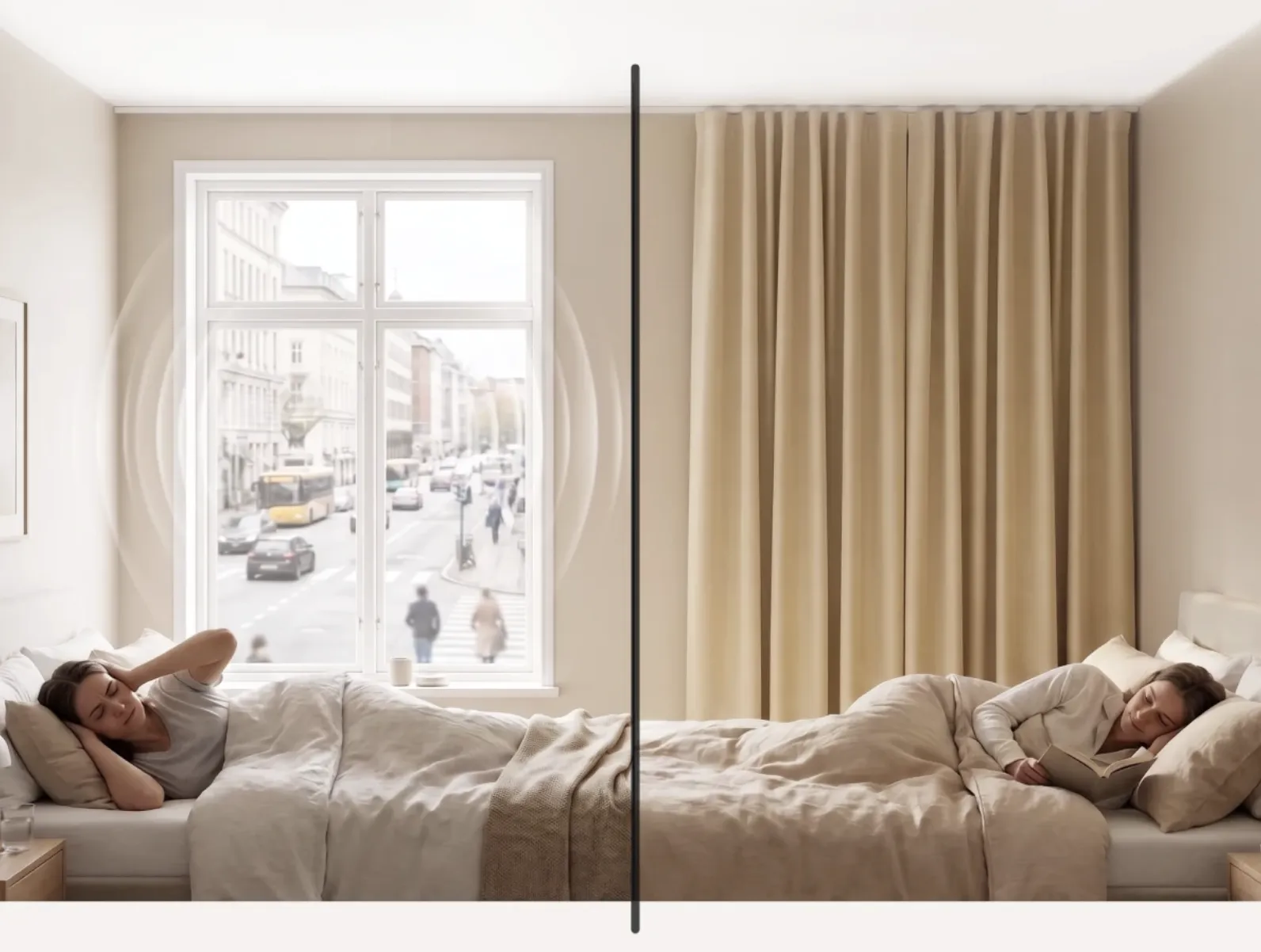 Rideau acoustique épais couvrant entièrement la fenêtre d'une chambre, du plafond jusqu'au sol