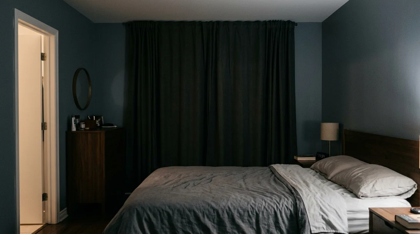 Chambre plongée dans l'obscurité par un rideau acoustique occultant alors qu'il fait grand jour dehors
