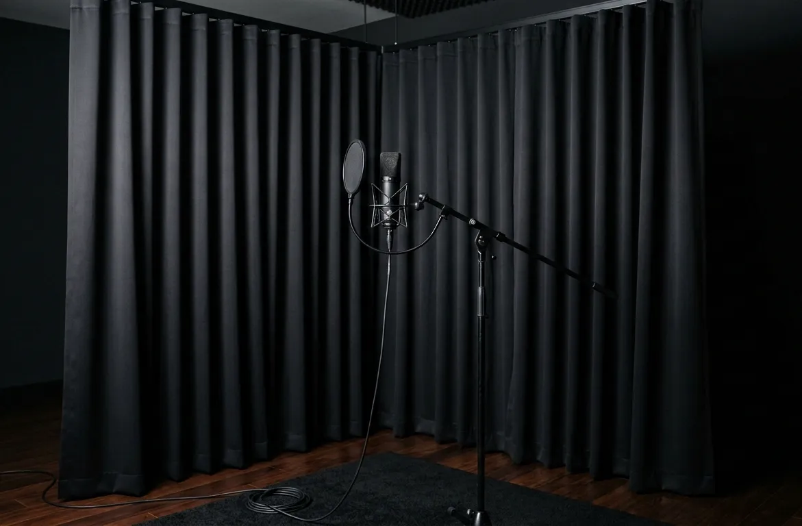 Rideau acoustique épais installé derrière un micro sur pied en studio, formant une cabine de prise de voix