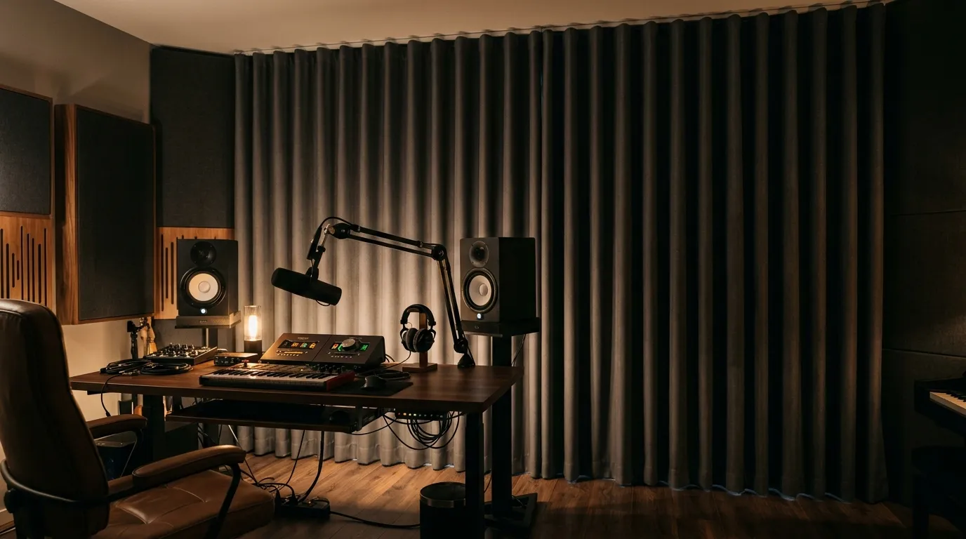 Studio d'enregistrement équipé de rideaux acoustiques épais du sol au plafond