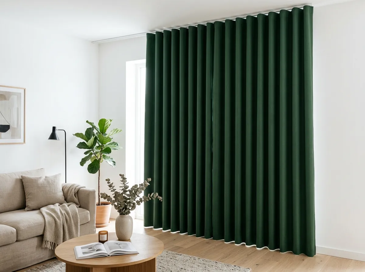 Rideaux phoniques vert sapin foncé installés sur un mur blanc, créant un point focal contrasté dans un salon lumineux