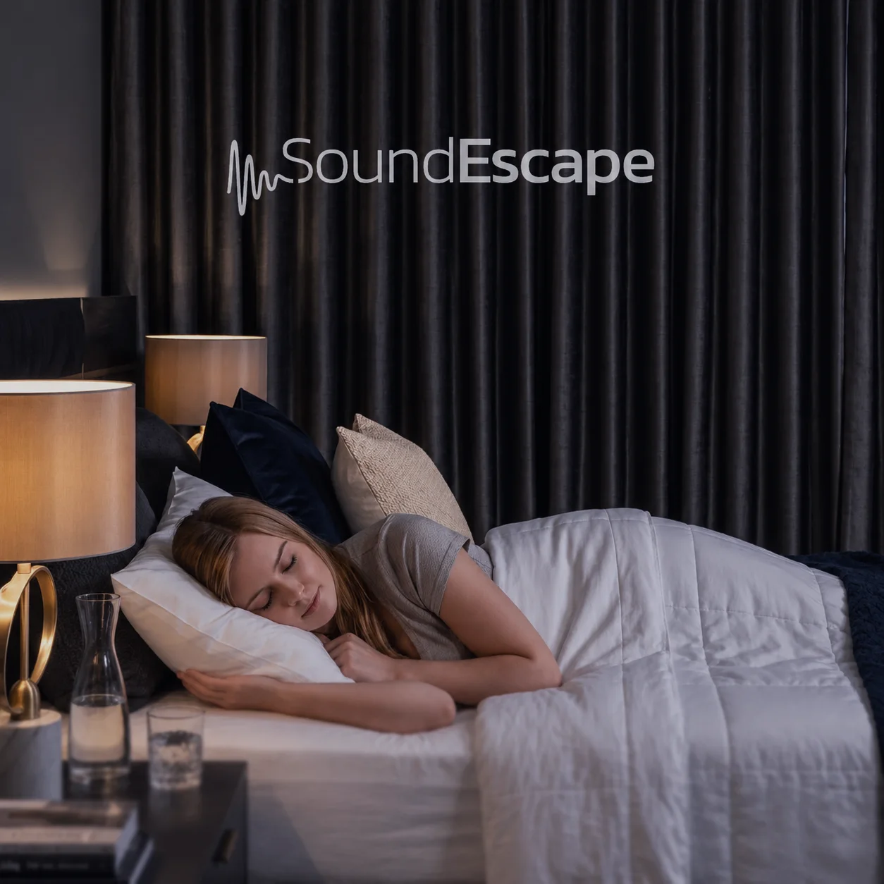 Femme endormie dans une chambre équipée de rideaux phoniques Sound Escape